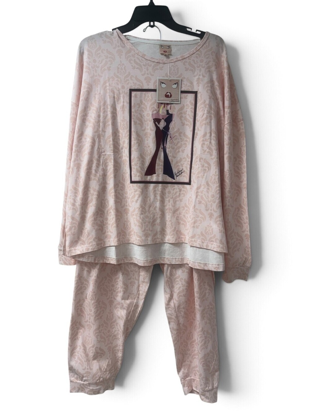 NWT Badgley Mischka Sz 1X Pink Damask Pajama Set with Fashion Illustration $158